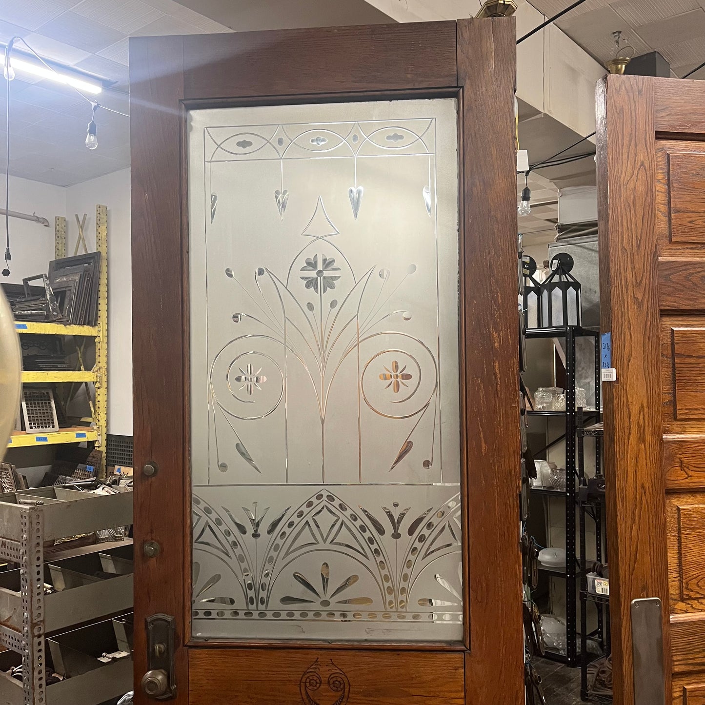Antique (c. 1858) Victorian Oak Entry Door With Frosted Etched Glass
