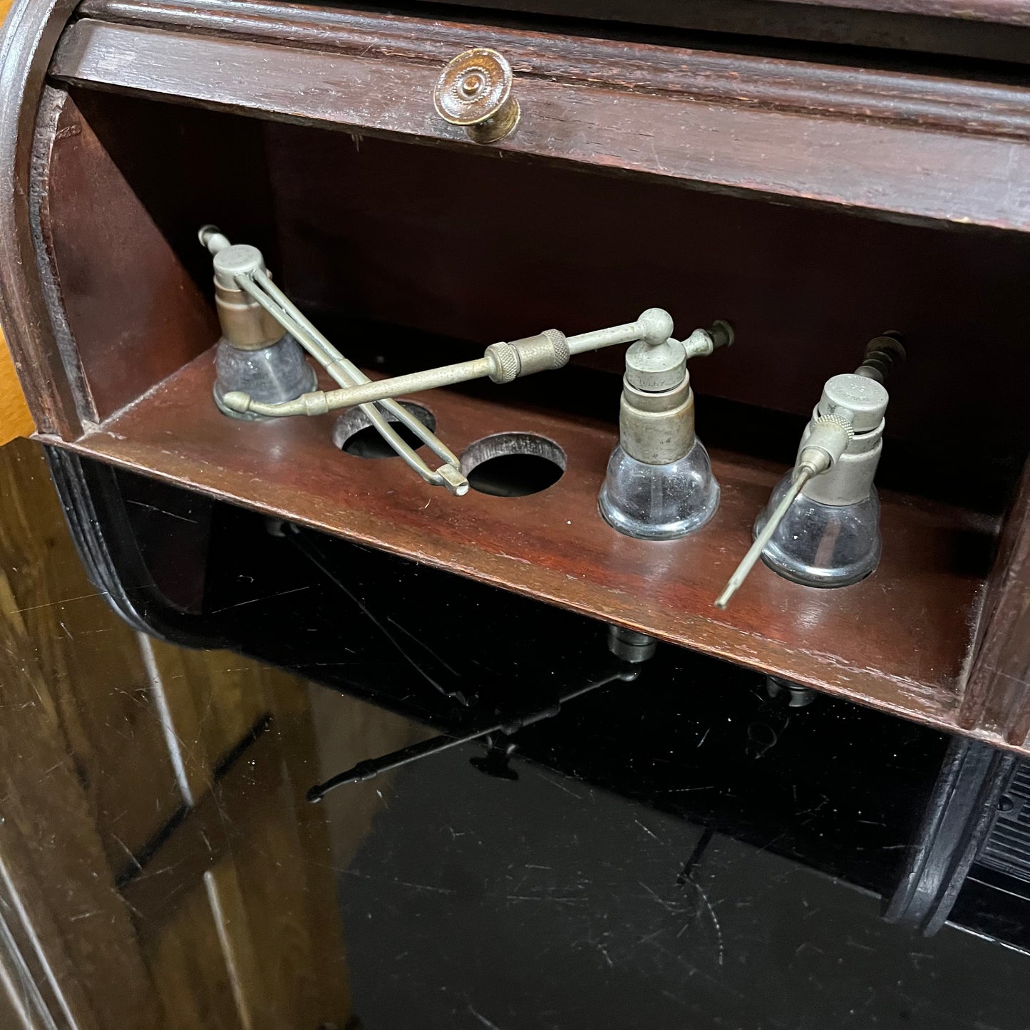Rare Antique Dental Medical Cabinet With Glass Top and Antique Dental Equipment