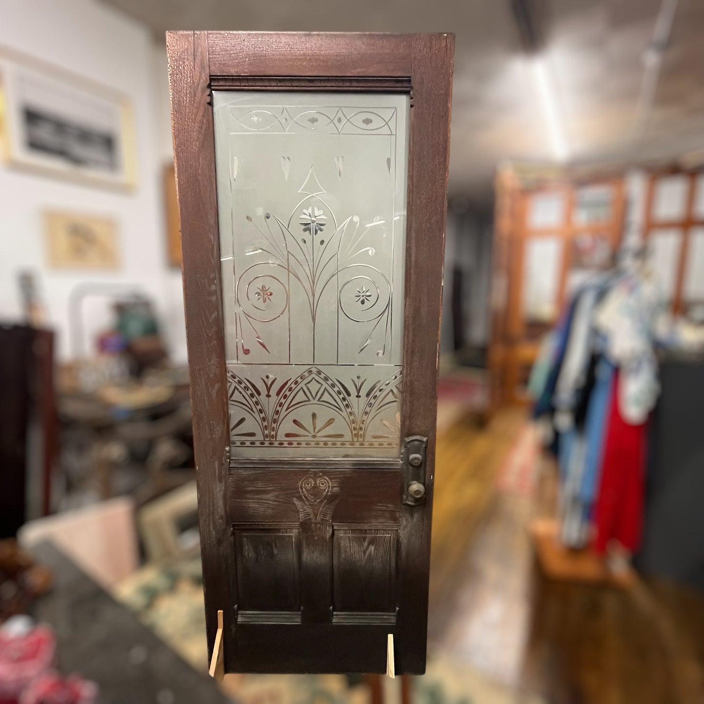 Antique (c. 1858) Victorian Oak Entry Door With Frosted Etched Glass