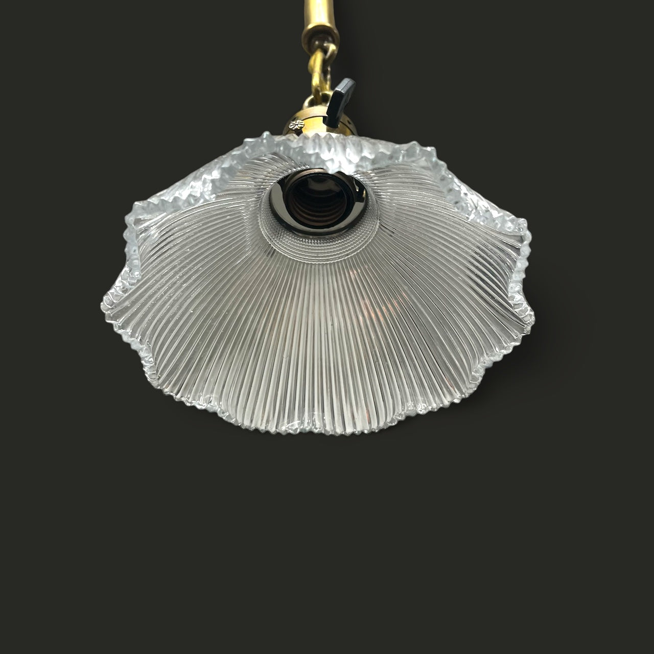 Antique Brass Pendant Light with Ruffled Edge Holophane Glass Shade - Rewired