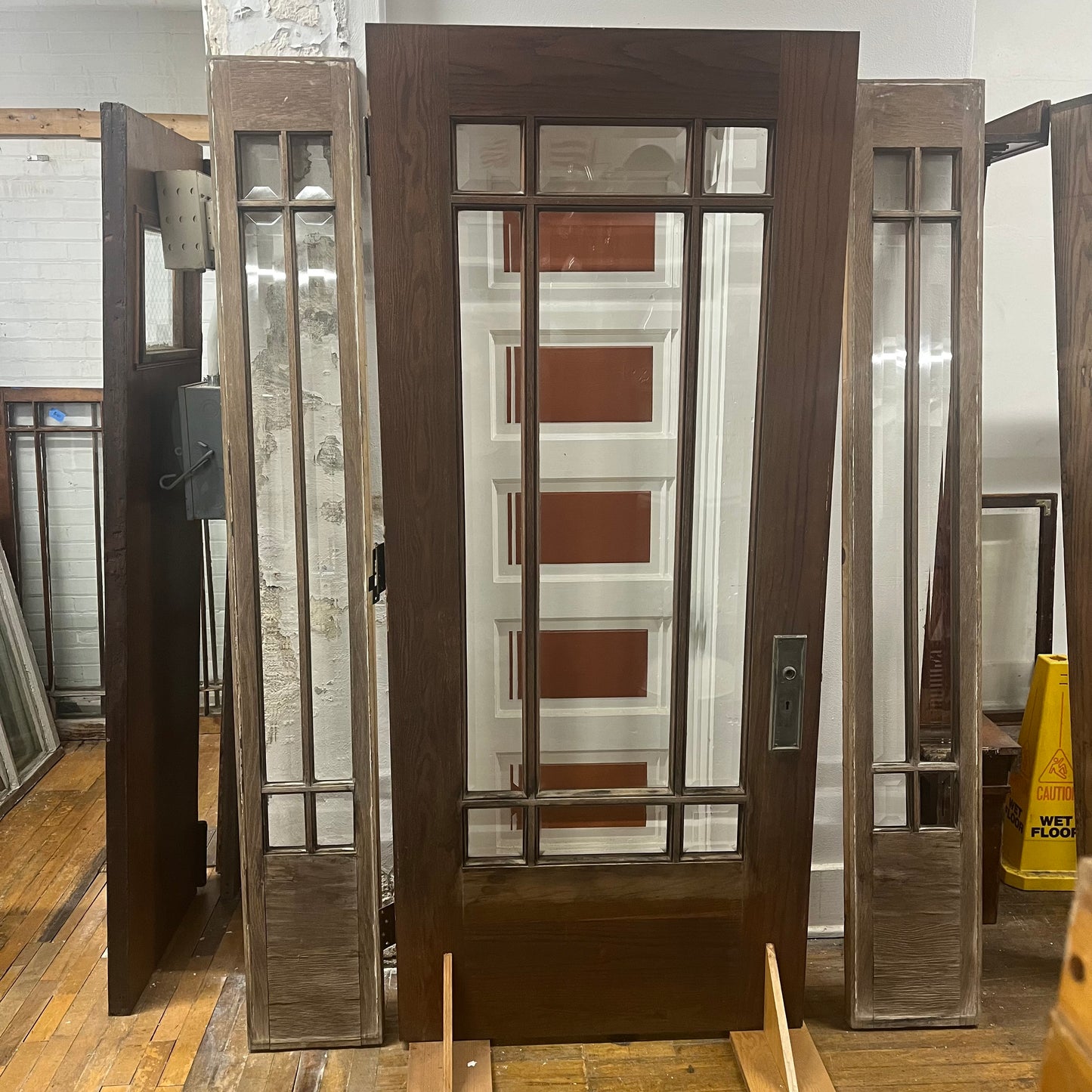 Antique Oak Craftsman Style Entry Door With Sidelights - Beveled Glass