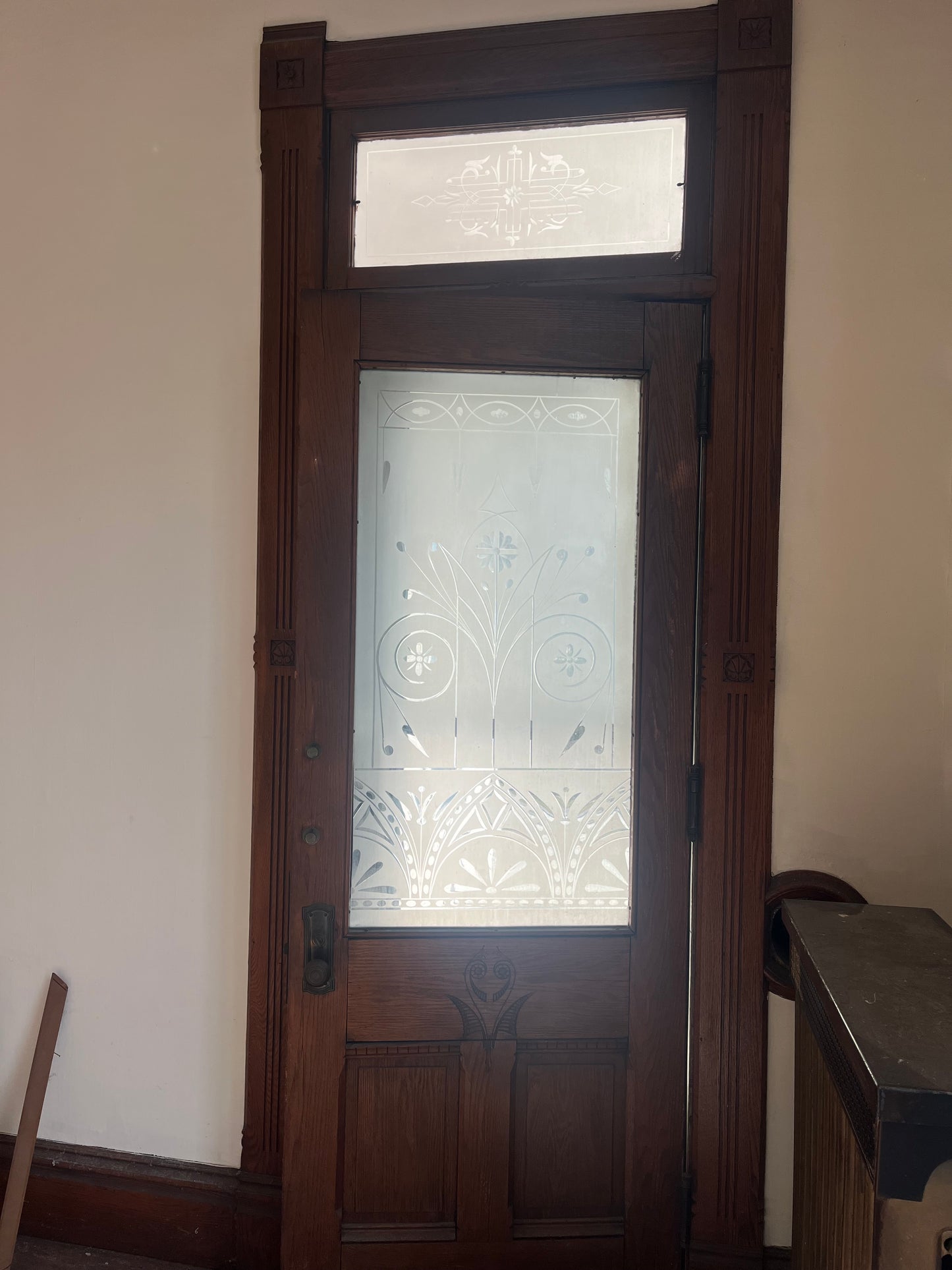 Antique (c. 1858) Victorian Oak Entry Door With Frosted Etched Glass