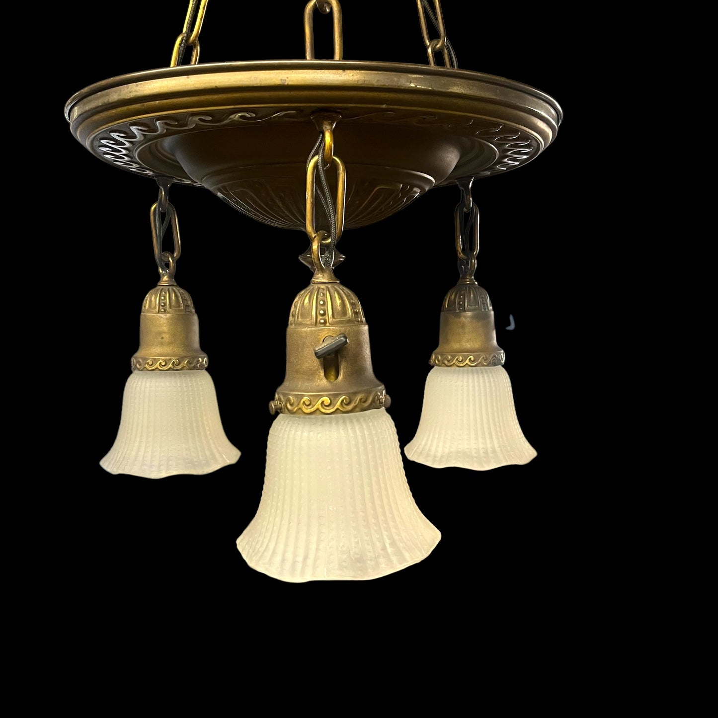 Antique Brass 3-Light Chandelier With Frosted Ribbed Glass Bell Shades - Rewired