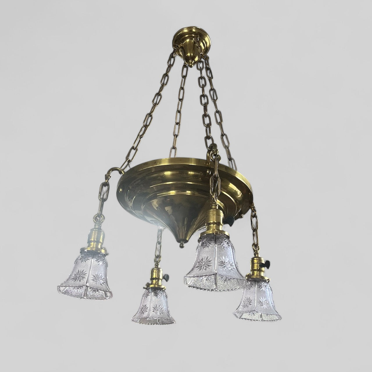Antique Brass Chandelier with Light Purple Glass Shades - Tested