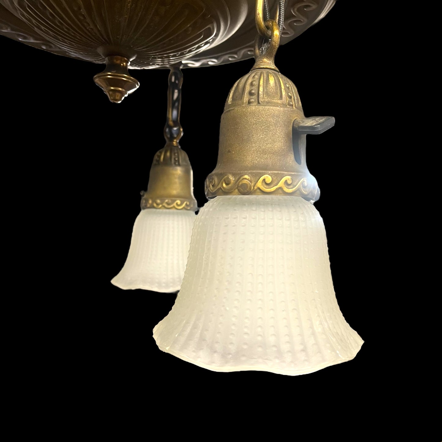 Antique Brass 3-Light Chandelier With Frosted Ribbed Glass Bell Shades - Rewired