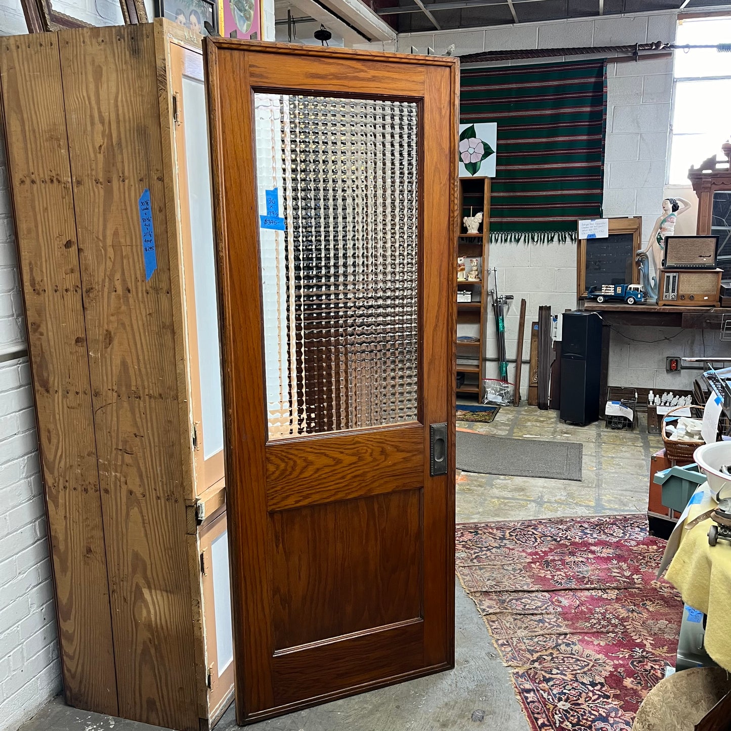 Antique Oak Pocket Door with Unique Privacy Glass