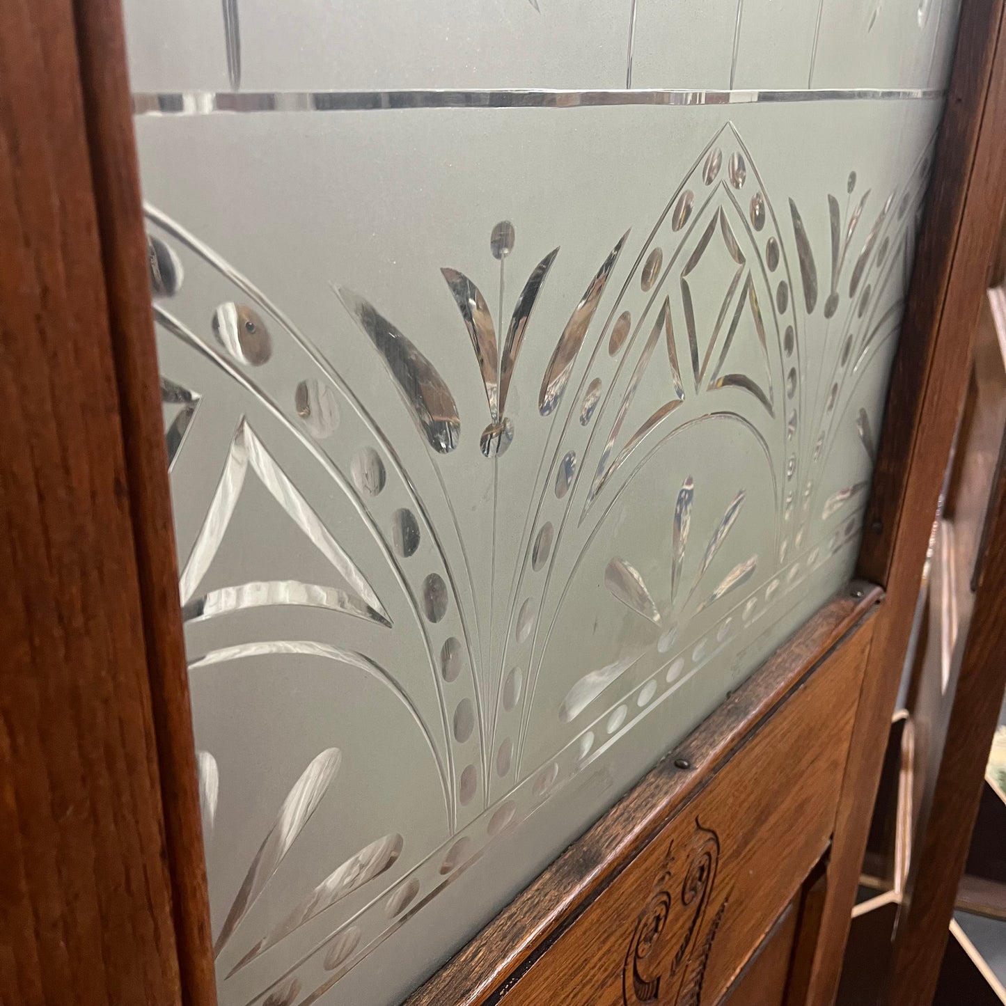 Antique (c. 1858) Victorian Oak Entry Door With Frosted Etched Glass