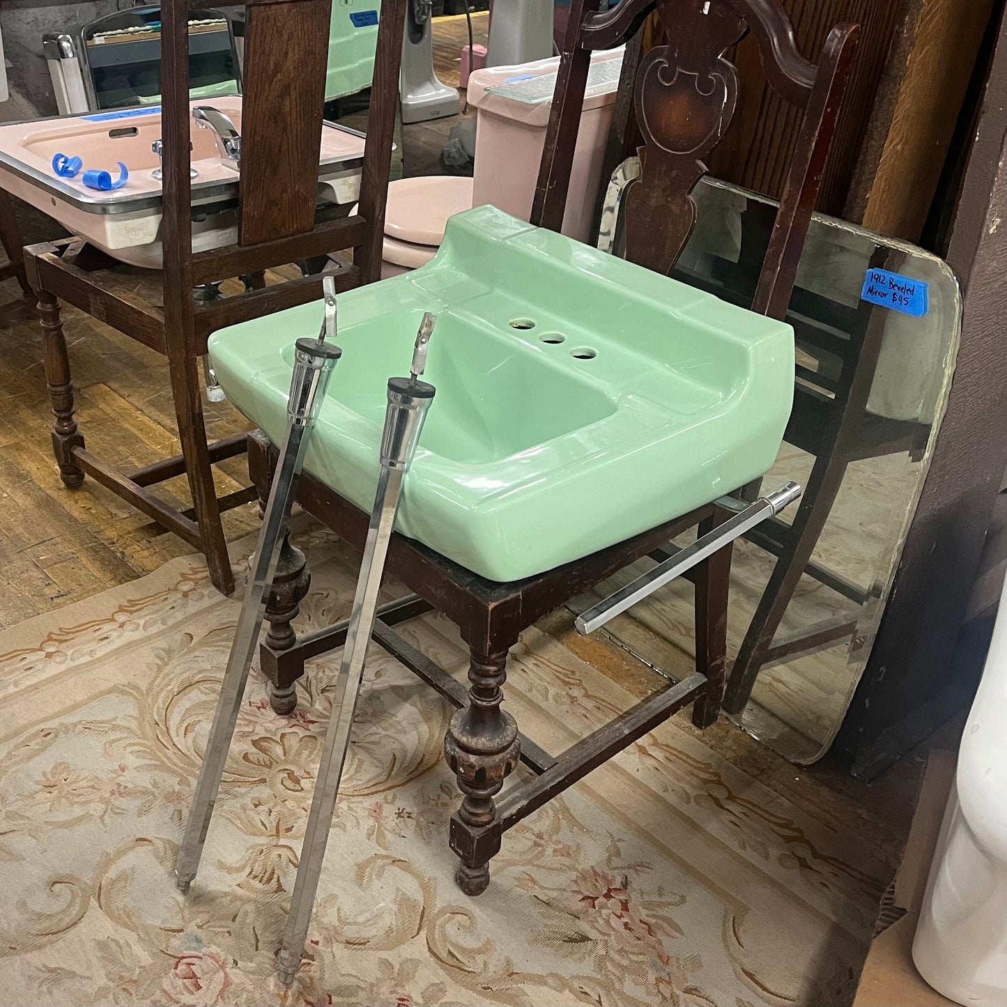1950s Vintage Mint Green/Jadeite Sink With Chrome Legs and Towel Bars