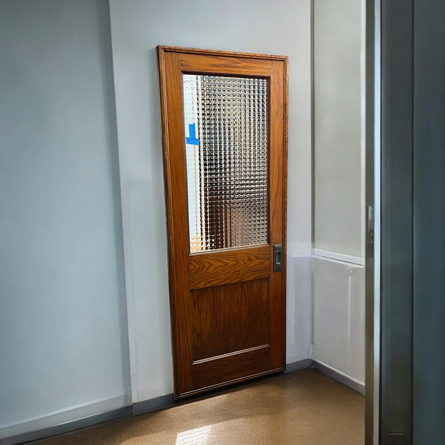 Antique Oak Pocket Door with Unique Privacy Glass