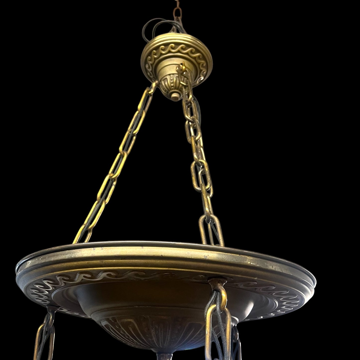 Antique Brass 3-Light Chandelier With Frosted Ribbed Glass Bell Shades - Rewired