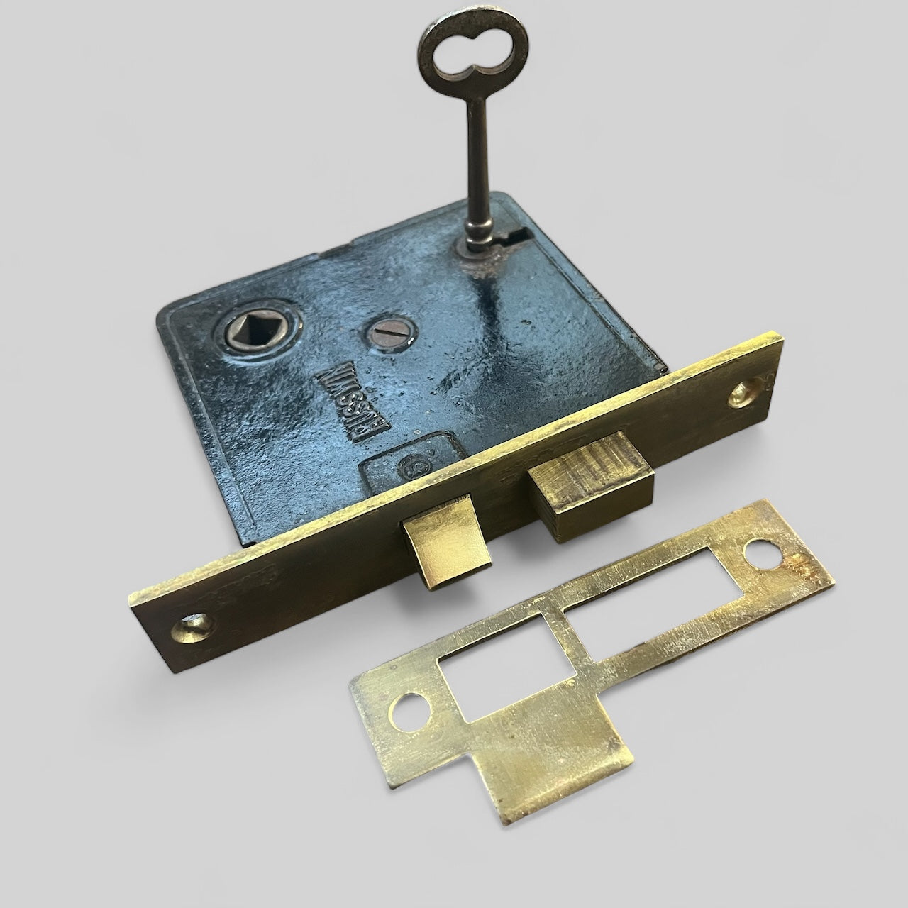 Antique Russwin Brass Moritse Lock with Strike Plate and Functional Skeleton Key