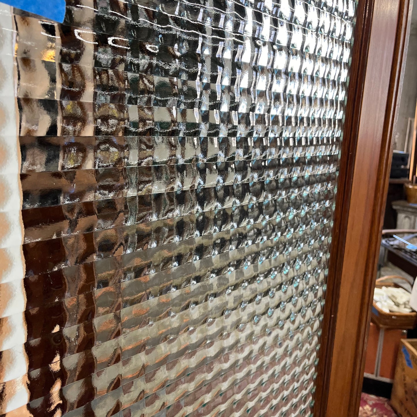 Antique Oak Pocket Door with Unique Privacy Glass
