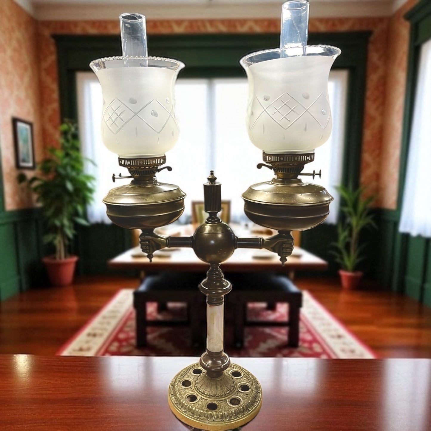 Antique (1890s) Victorian Double Banquet Oil-Burning Brass and Marble lamp