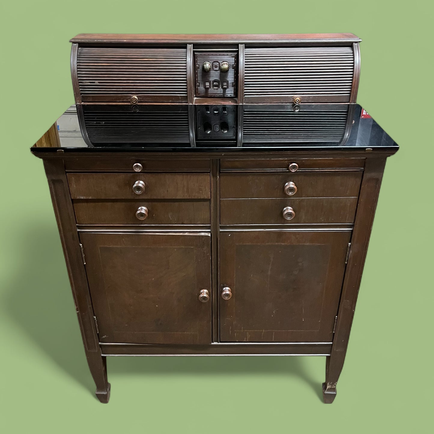 Rare Antique Dental Medical Cabinet With Glass Top and Antique Dental Equipment