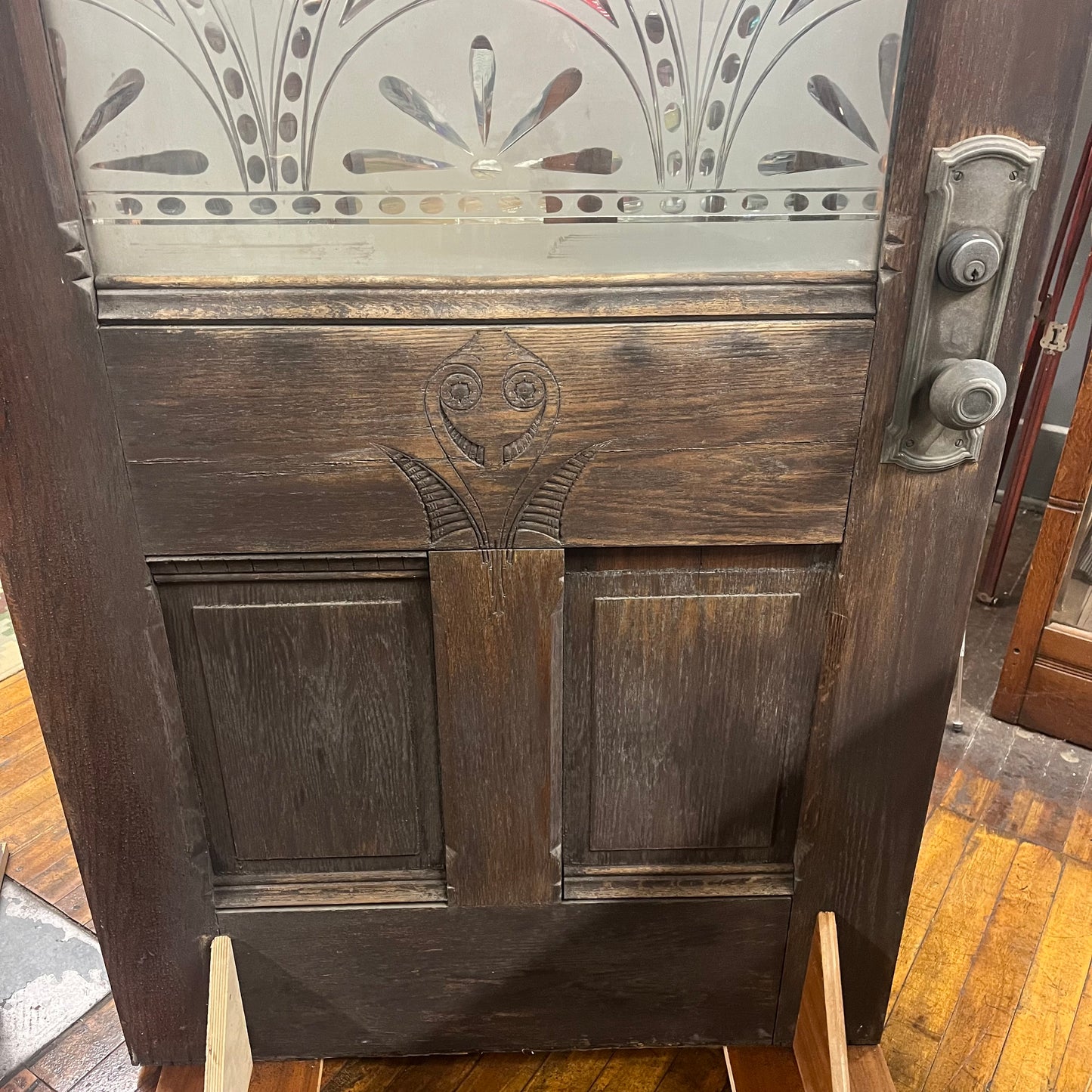 Antique (c. 1858) Victorian Oak Entry Door With Frosted Etched Glass
