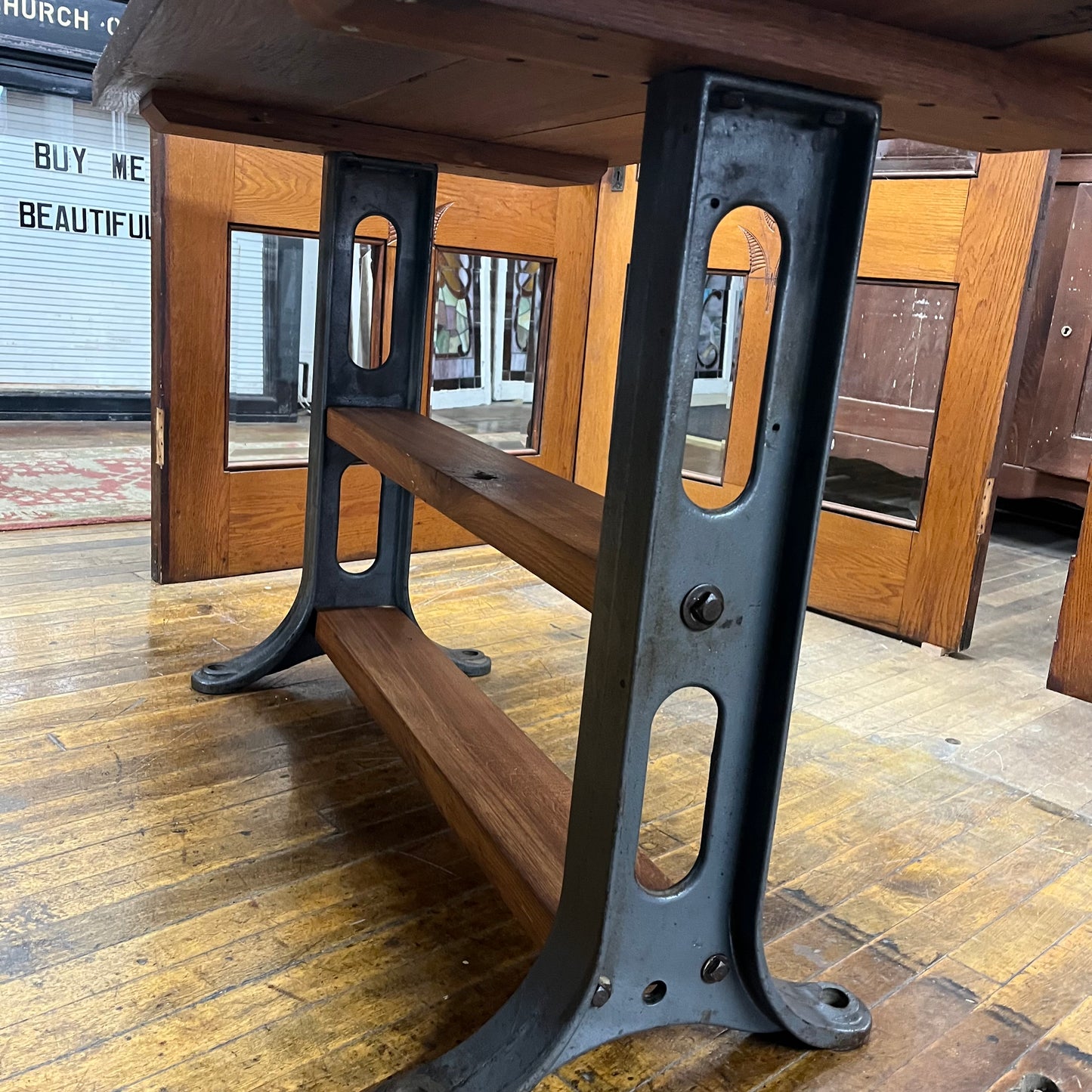 Reclaimed Antique Oak Hand-crafted Table With Industrial Cast Iron Legs