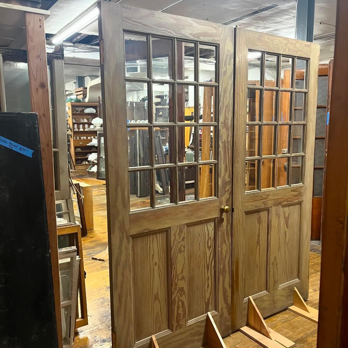 Antique Double Doors With 16 Window Glass Panes, Includes Frame