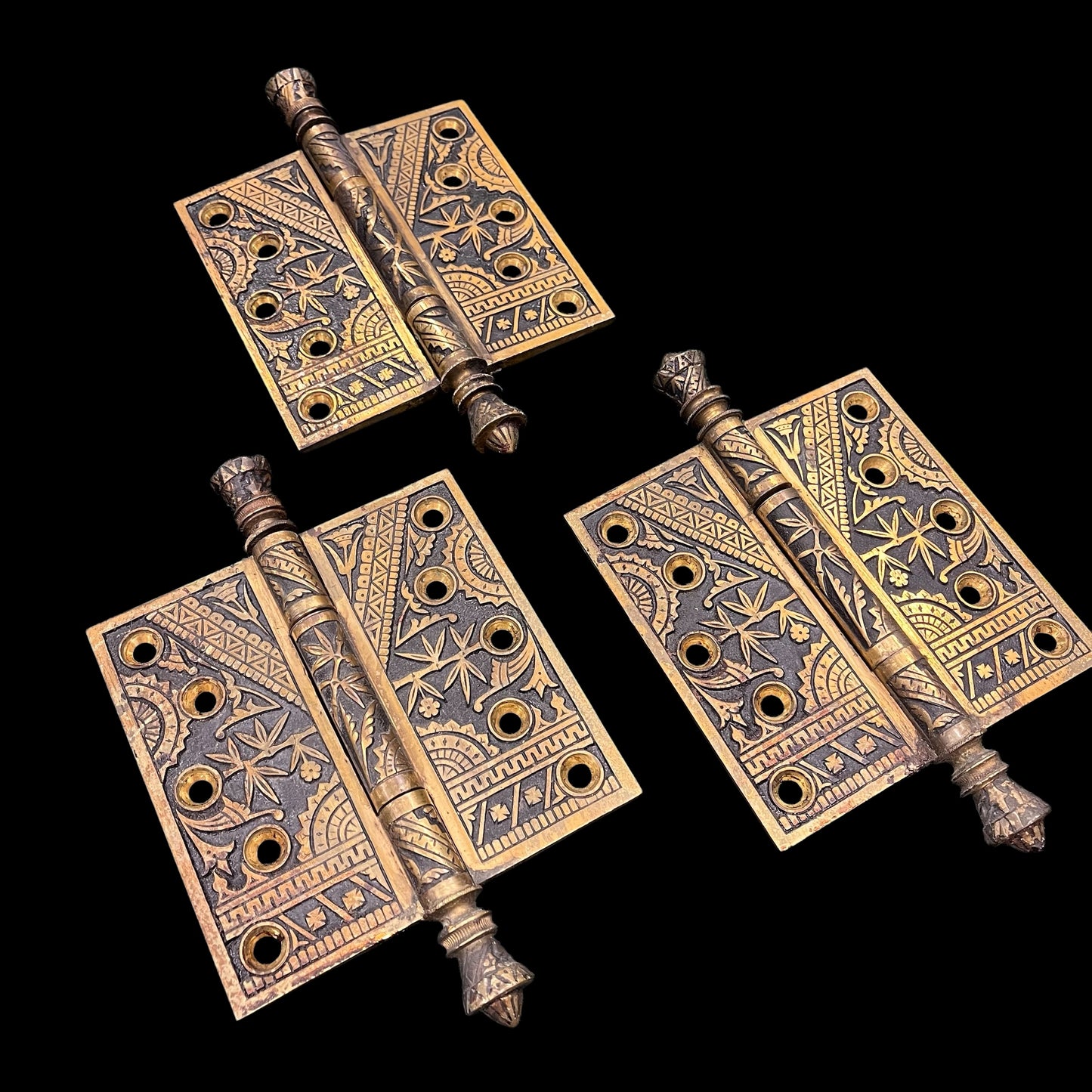 Antique Cast Brass Eastlake Style Oversized 5x5 Door Hinges - Set of 3
