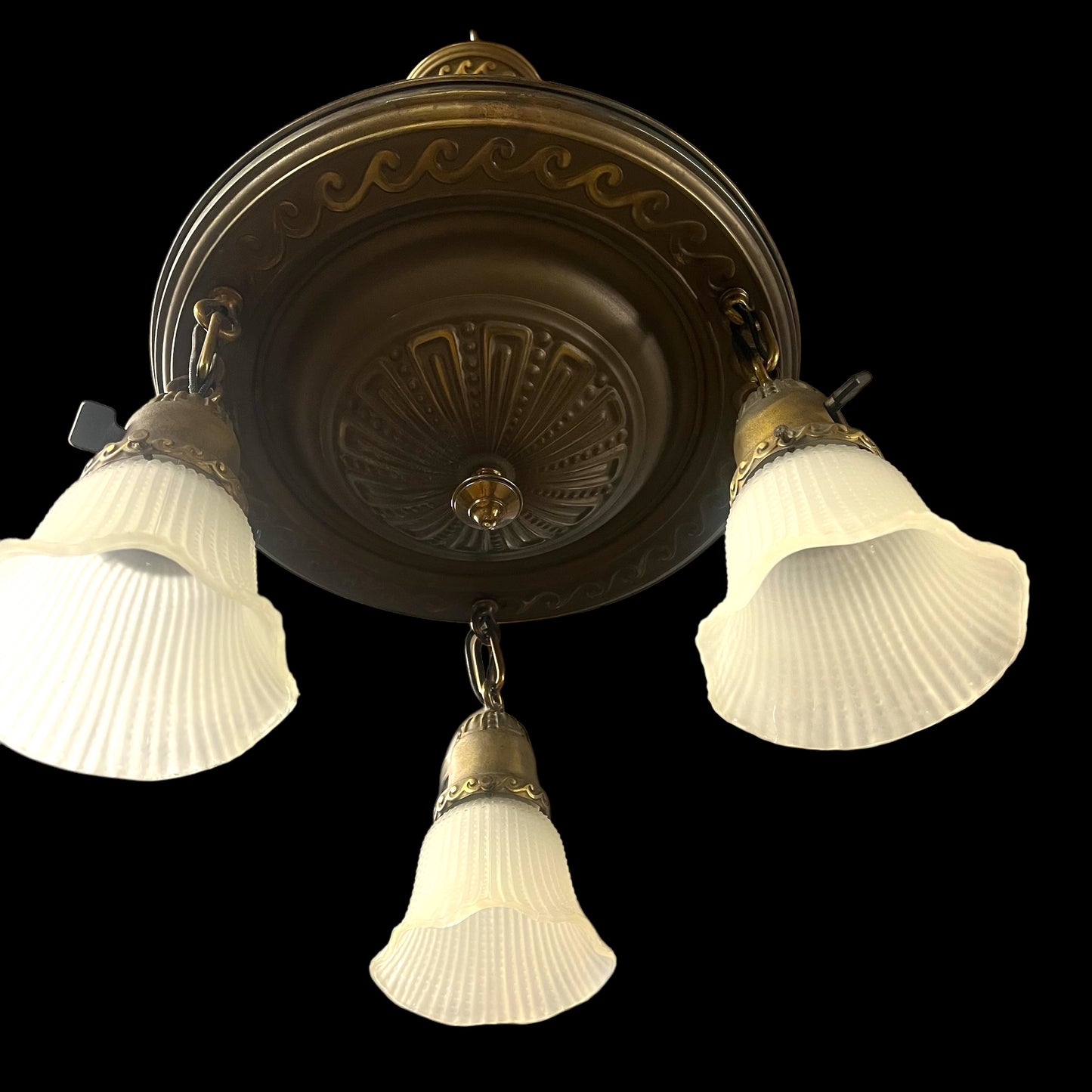 Antique Brass 3-Light Chandelier With Frosted Ribbed Glass Bell Shades - Rewired