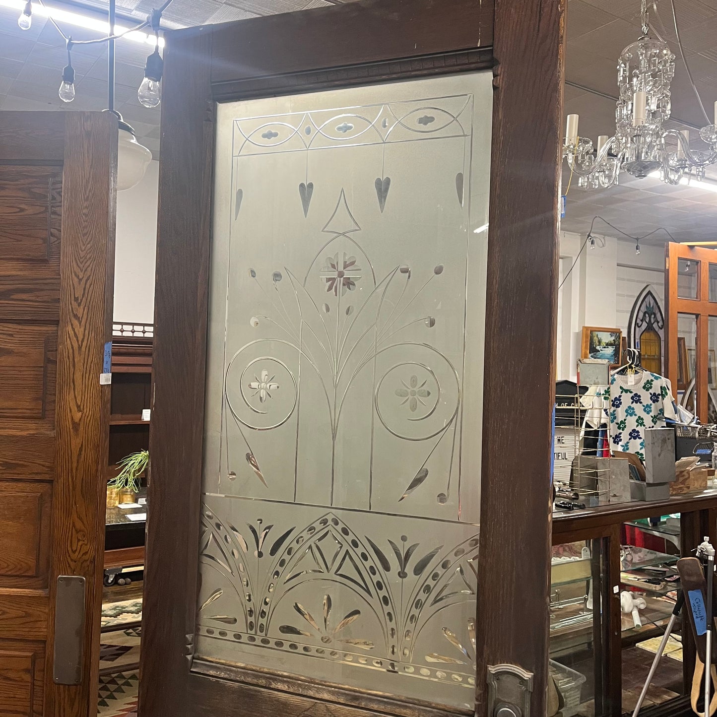 Antique (c. 1858) Victorian Oak Entry Door With Frosted Etched Glass