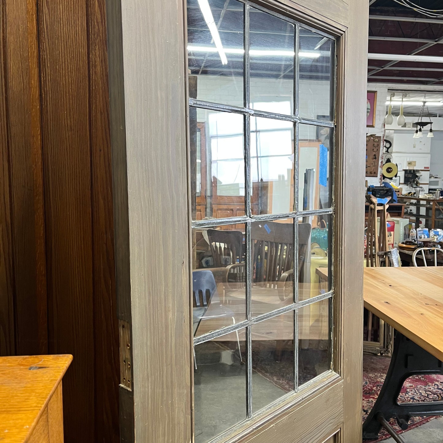 Tall Solid Antique Door With Original Leaded Glass From An Early 1900s Church