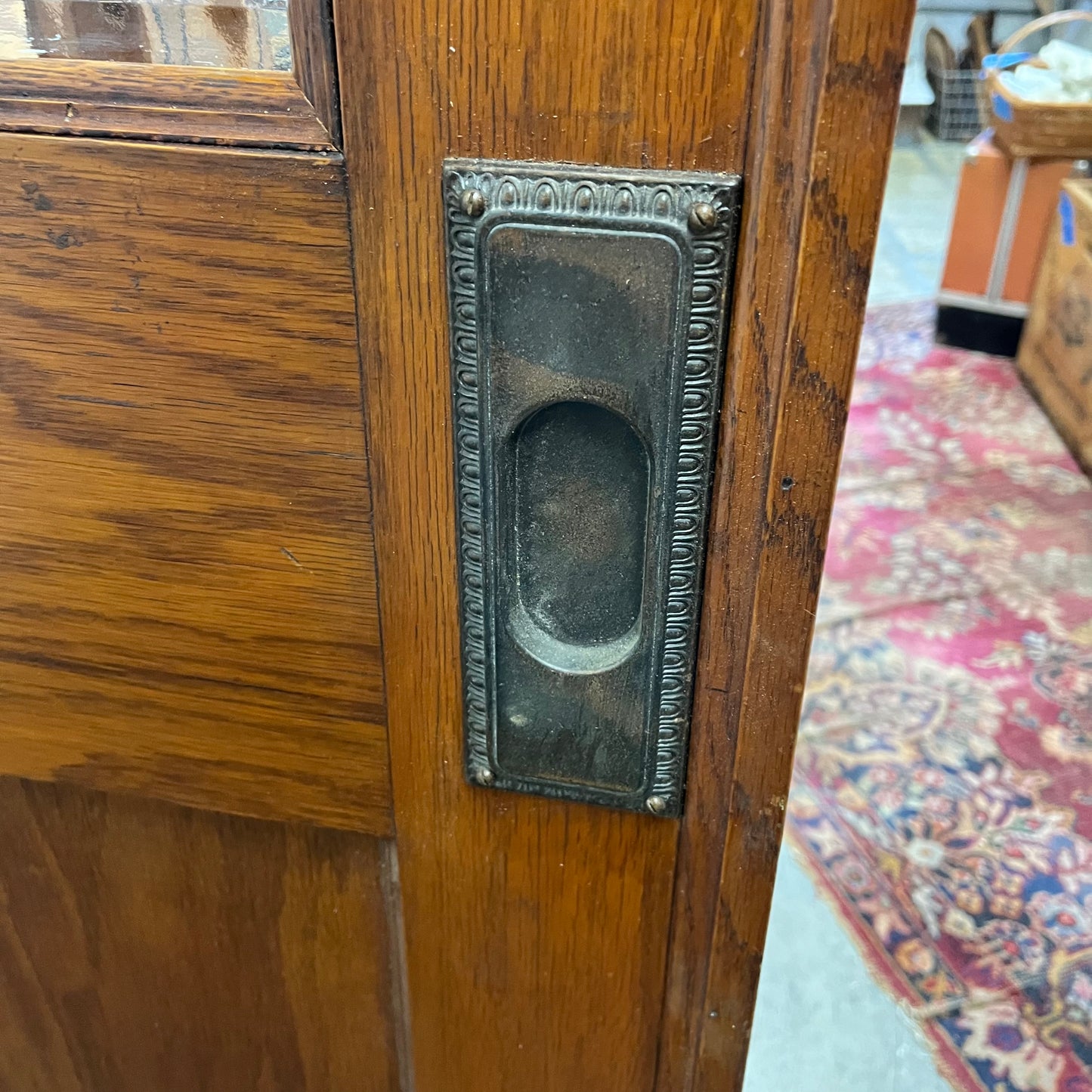 Antique Oak Pocket Door with Unique Privacy Glass