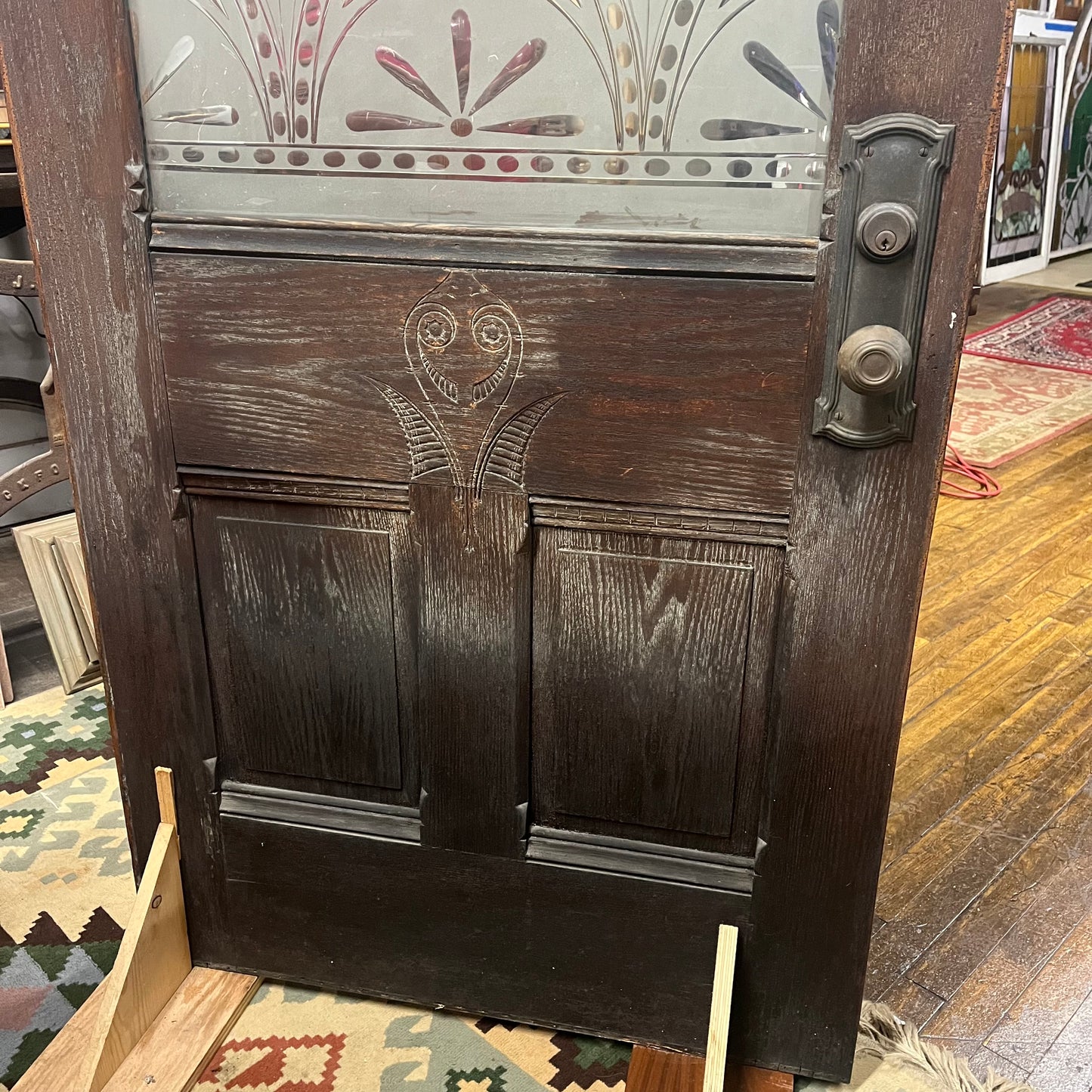 Antique (c. 1858) Victorian Oak Entry Door With Frosted Etched Glass