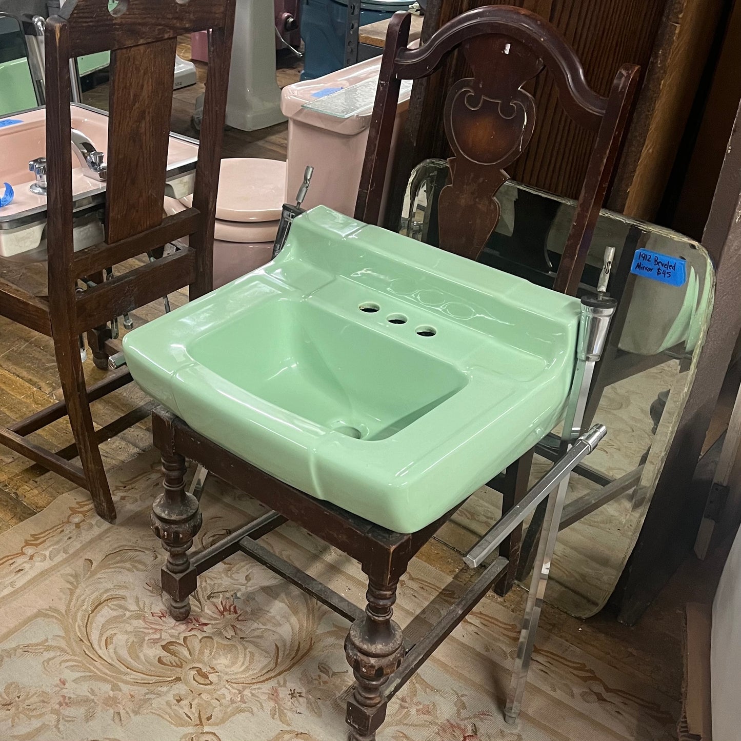 1950s Vintage Mint Green/Jadeite Sink With Chrome Legs and Towel Bars