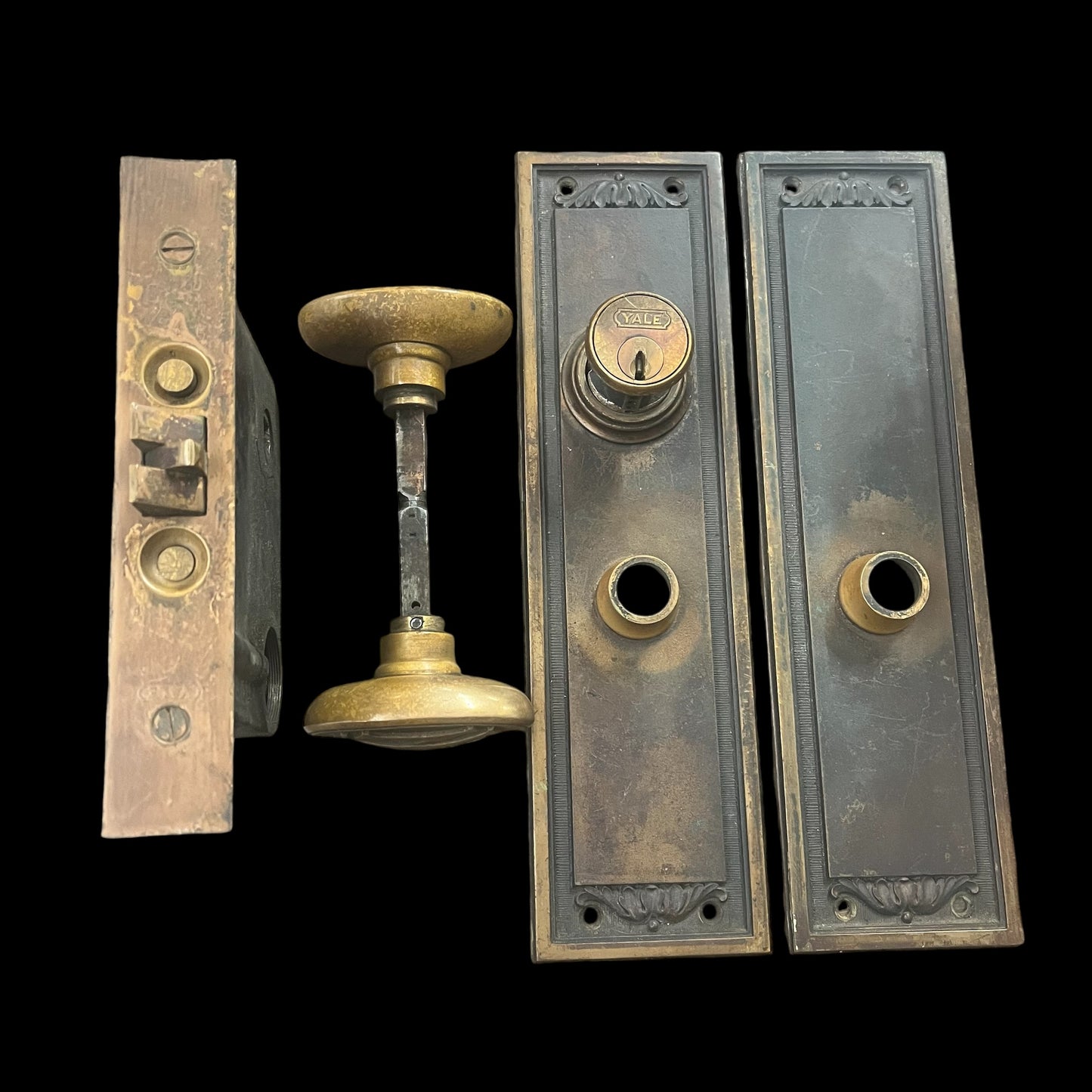 Antique Cast Bronze/Brass Yale Interior or Exterior Door Hardware Set - First National Bank Monogram Doorknob