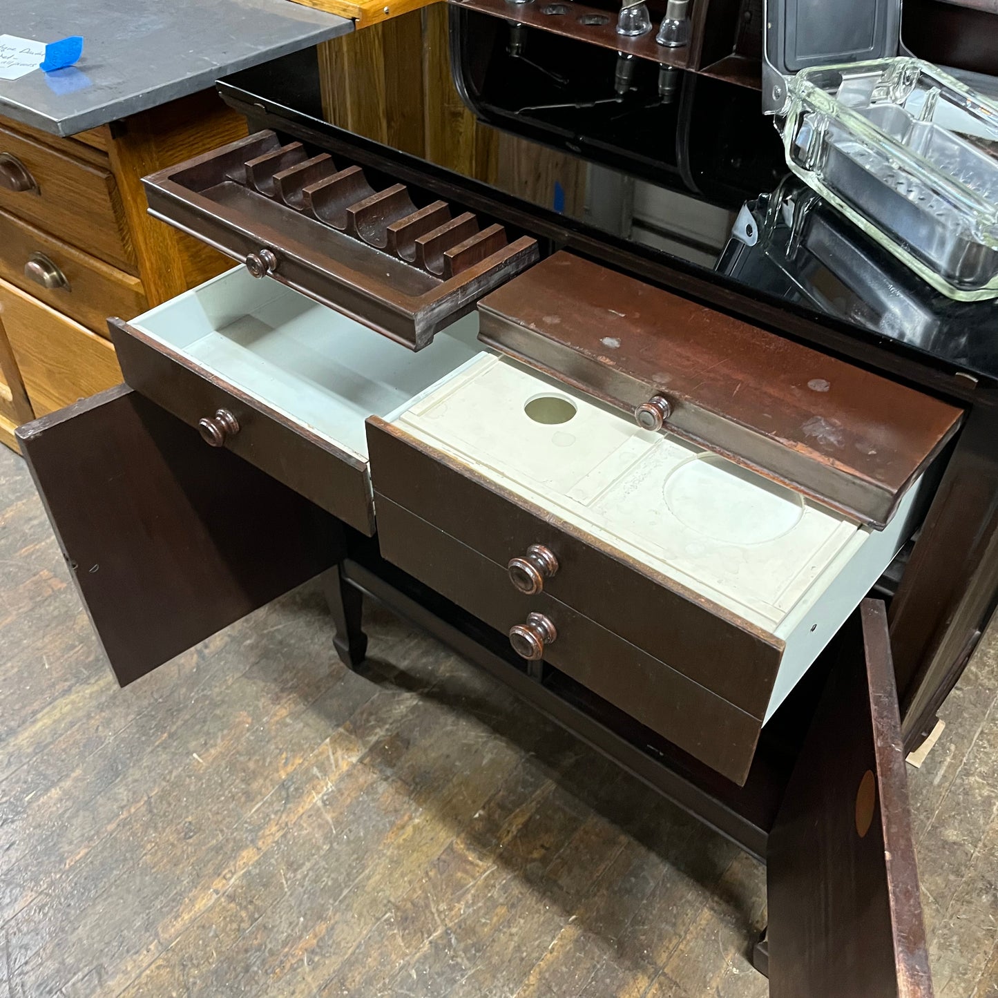 Rare Antique Dental Medical Cabinet With Glass Top and Antique Dental Equipment