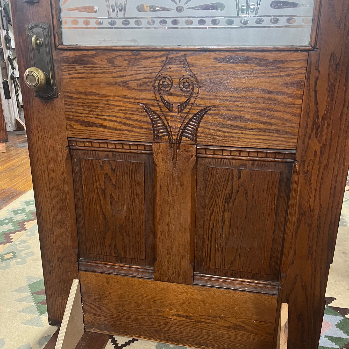 Antique (c. 1858) Victorian Oak Entry Door With Frosted Etched Glass