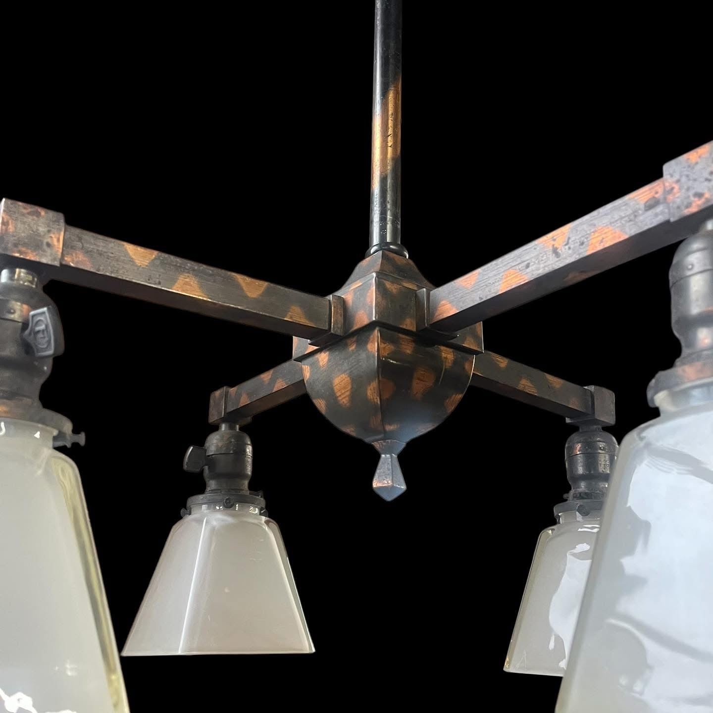 Antique Arts & Crafts Copper Flashed/Japanned Finish 4 Light Hanging Light - Rewired