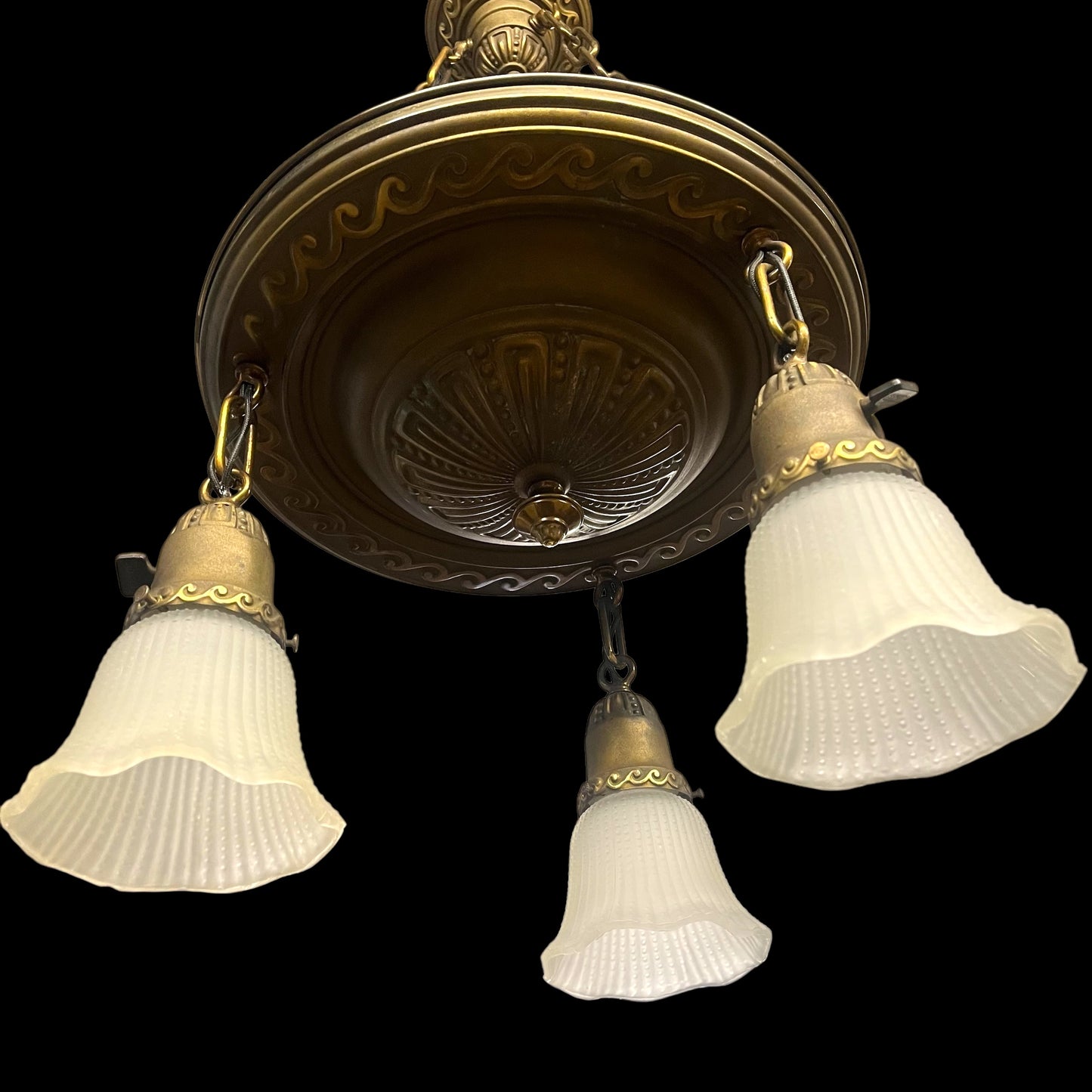 Antique Brass 3-Light Chandelier With Frosted Ribbed Glass Bell Shades - Rewired
