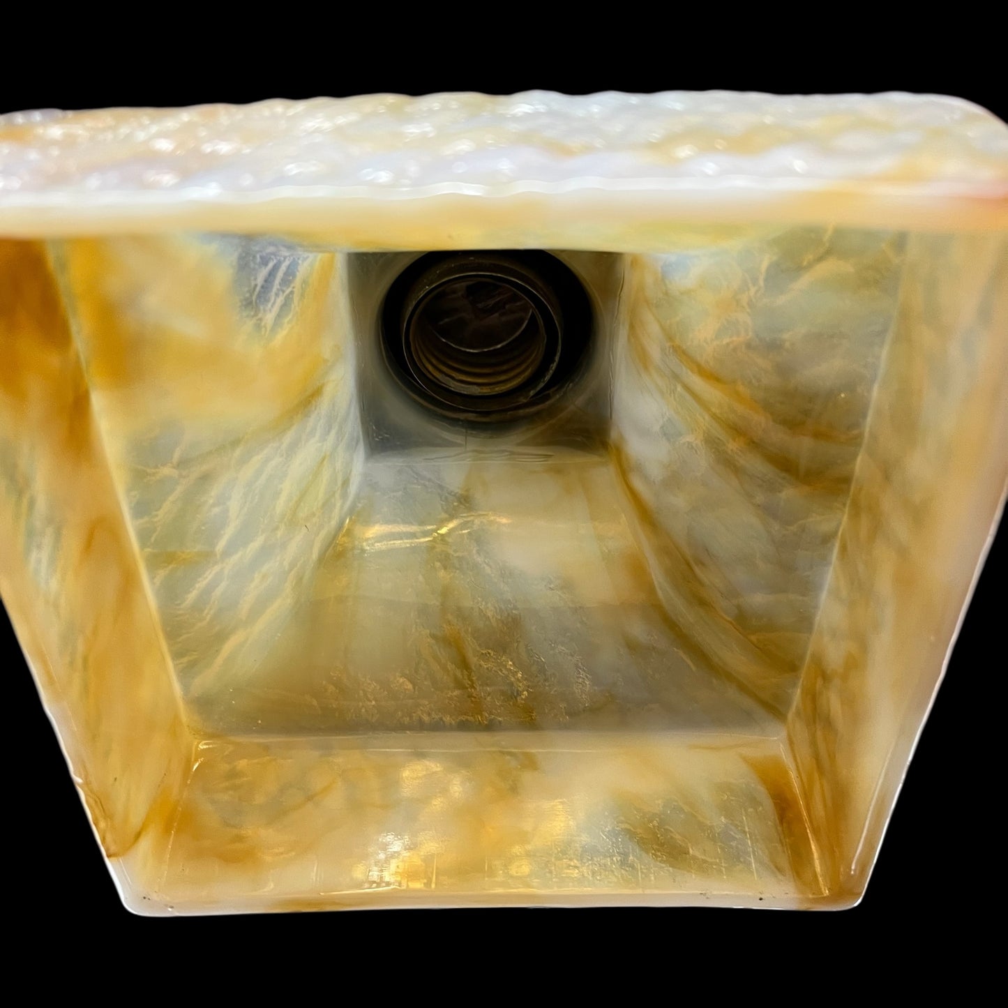 Antique Arts & Crafts Brass Hanging Light With Bournique Kokomo Caramel White Slag Glass Globes