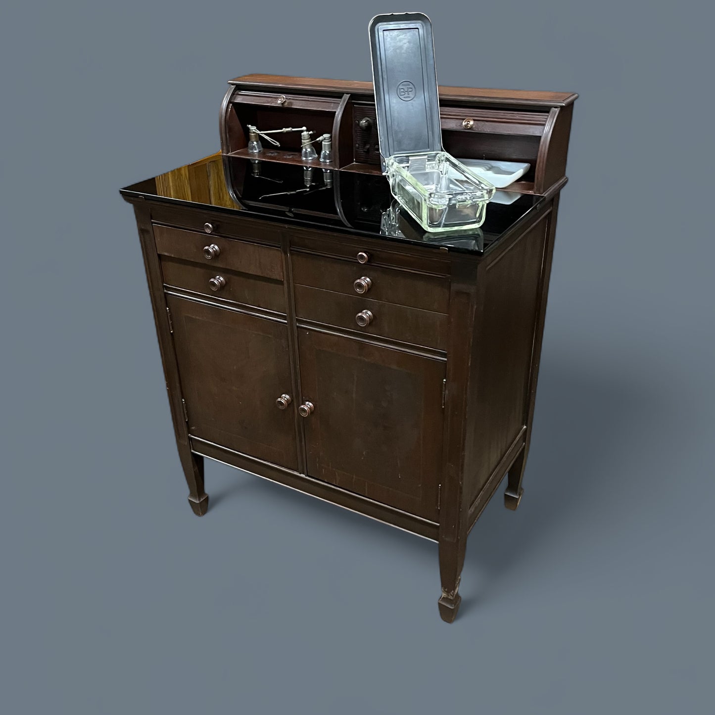Rare Antique Dental Medical Cabinet With Glass Top and Antique Dental Equipment