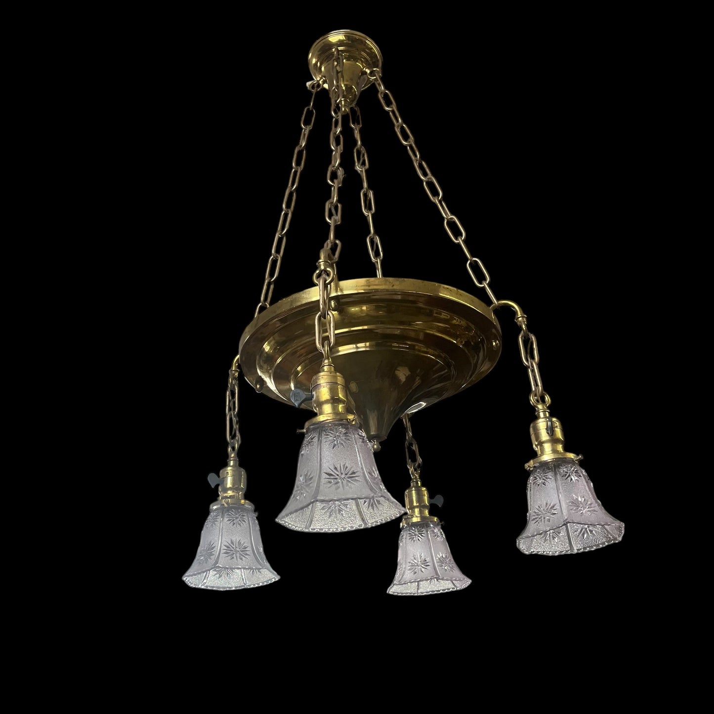 Antique Brass Chandelier with Light Purple Glass Shades - Tested