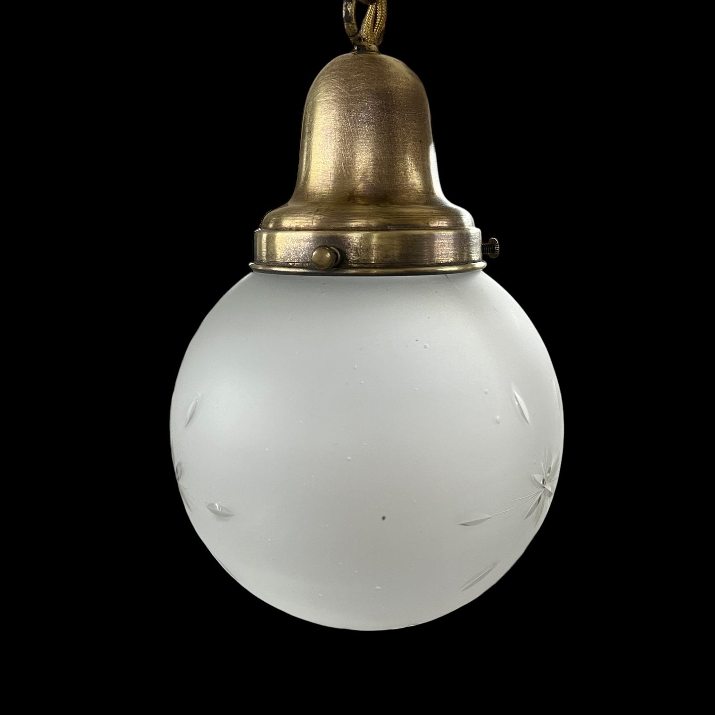 Antique Brass Pendant Light With Frosted Wheel-Cut Starburst Glass Globe