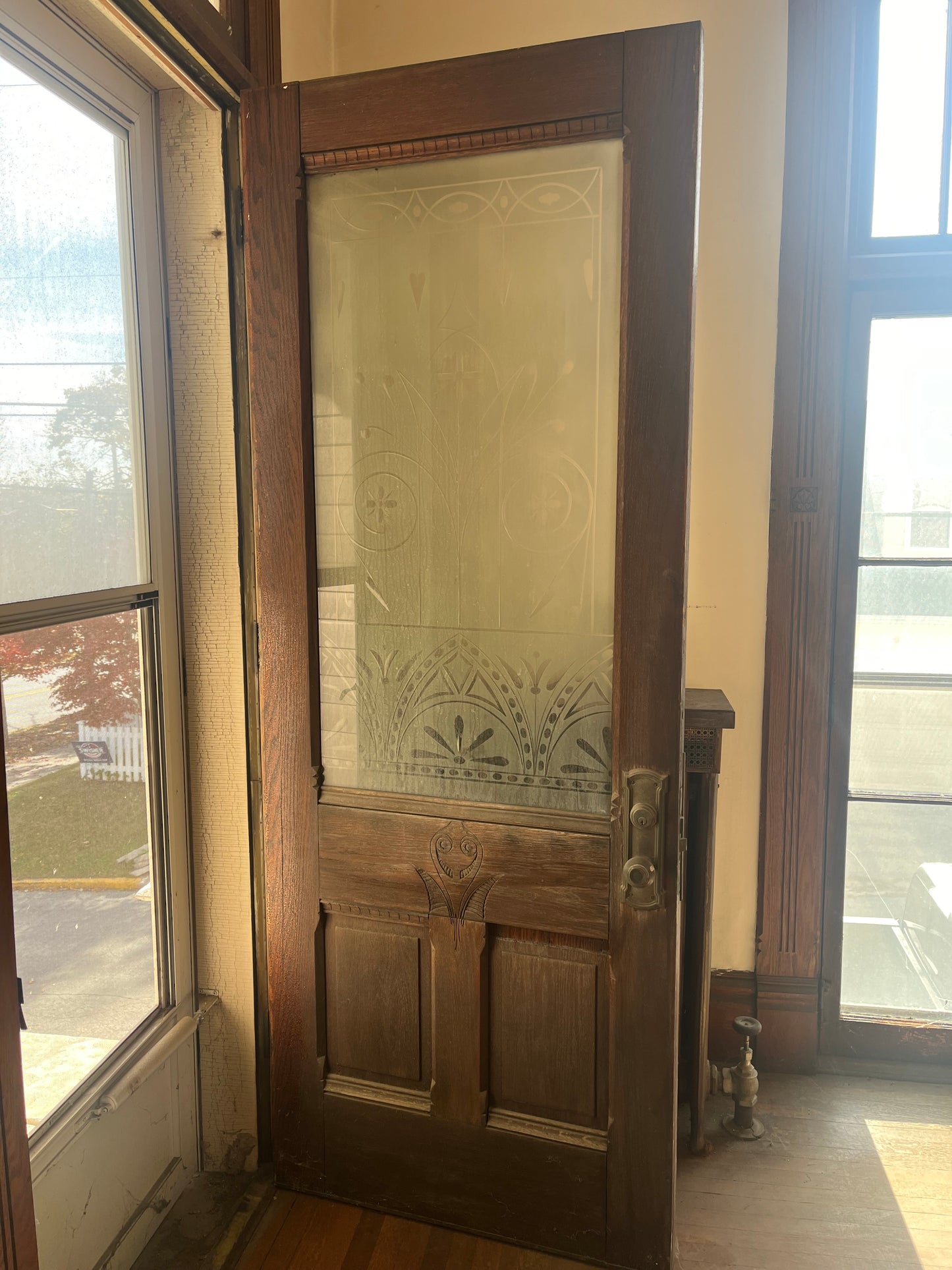 Antique (c. 1858) Victorian Oak Entry Door With Frosted Etched Glass