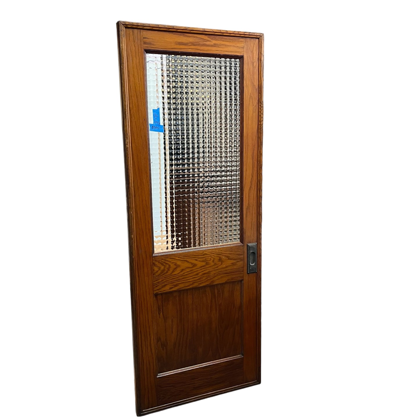 Antique Oak Pocket Door with Unique Privacy Glass