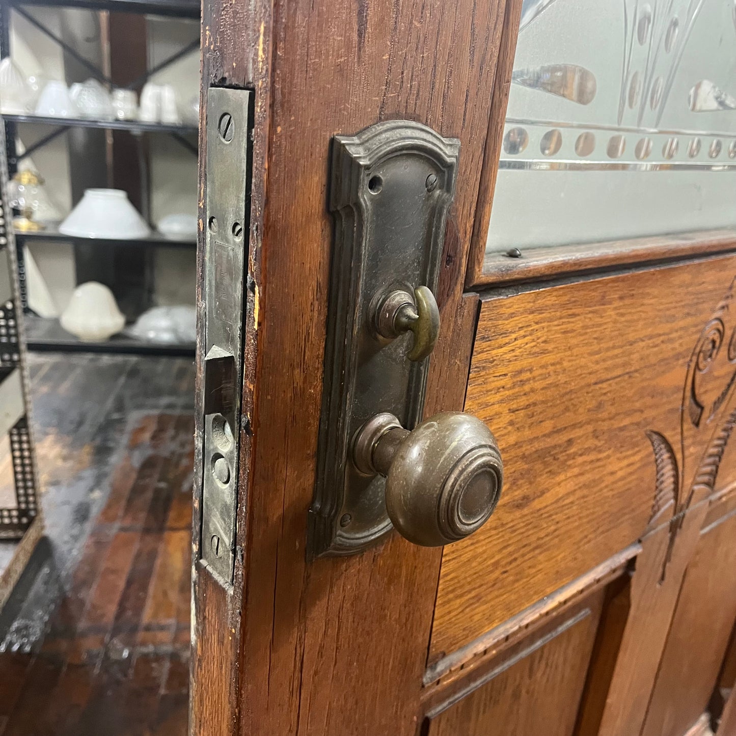 Antique (c. 1858) Victorian Oak Entry Door With Frosted Etched Glass