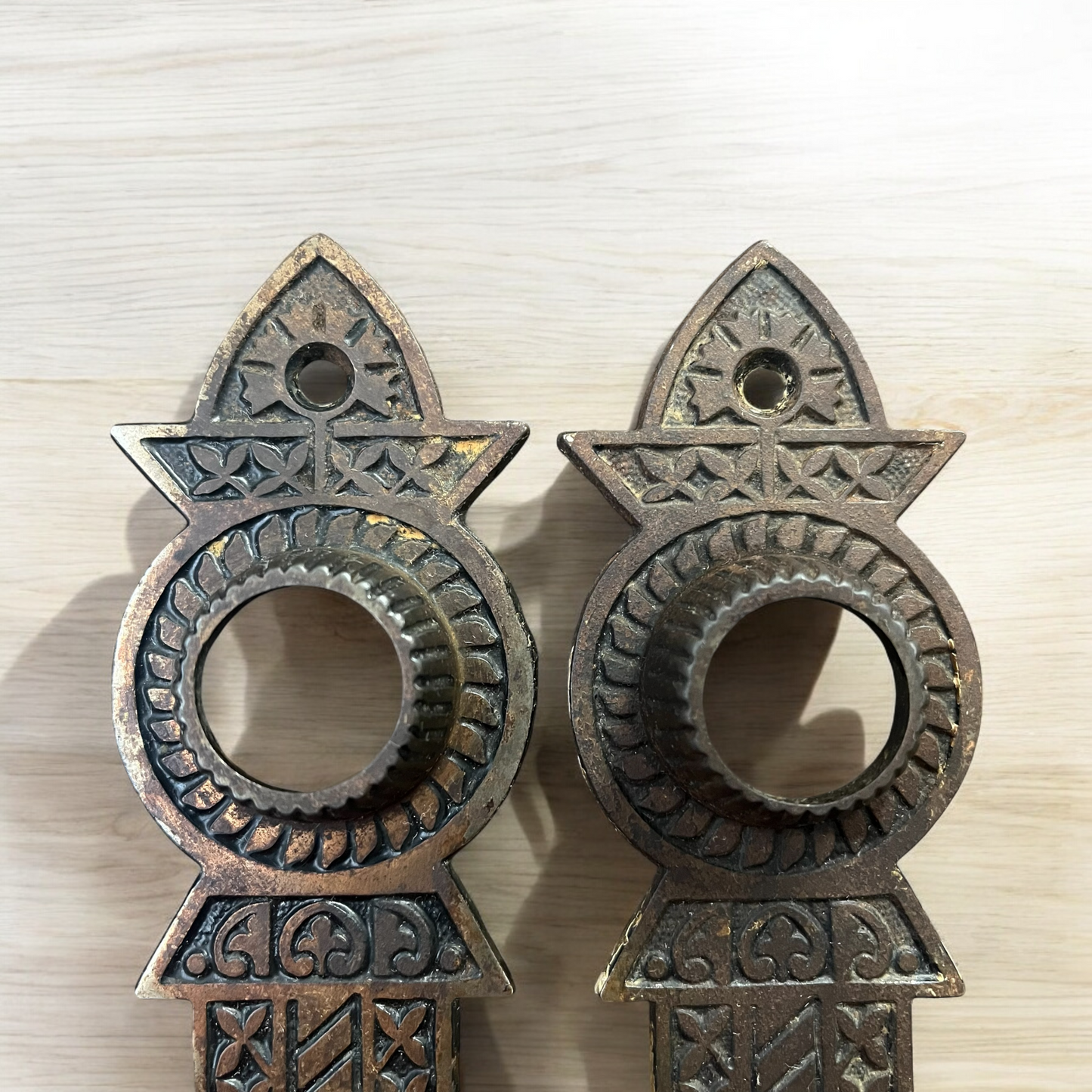 Antique Victorian Eastlake Style Chicago Hardware Co. Niles Steel Escutcheons Pair