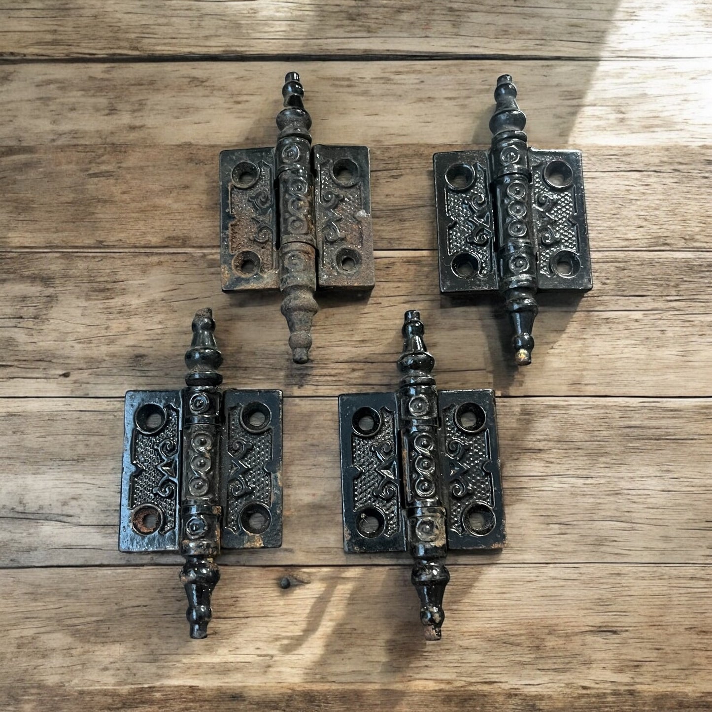 Antique Ornate Victorian Cast Iron Steeple Tipped 2x2 Cabinet Hinges - Set of 4