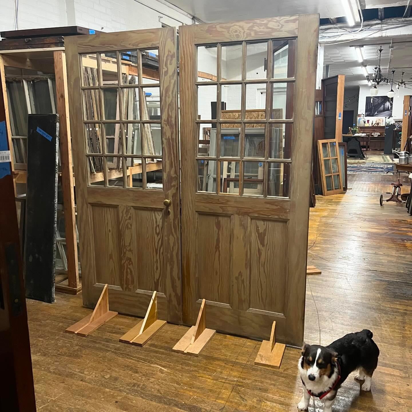 Antique Double Doors With 16 Window Glass Panes, Includes Frame