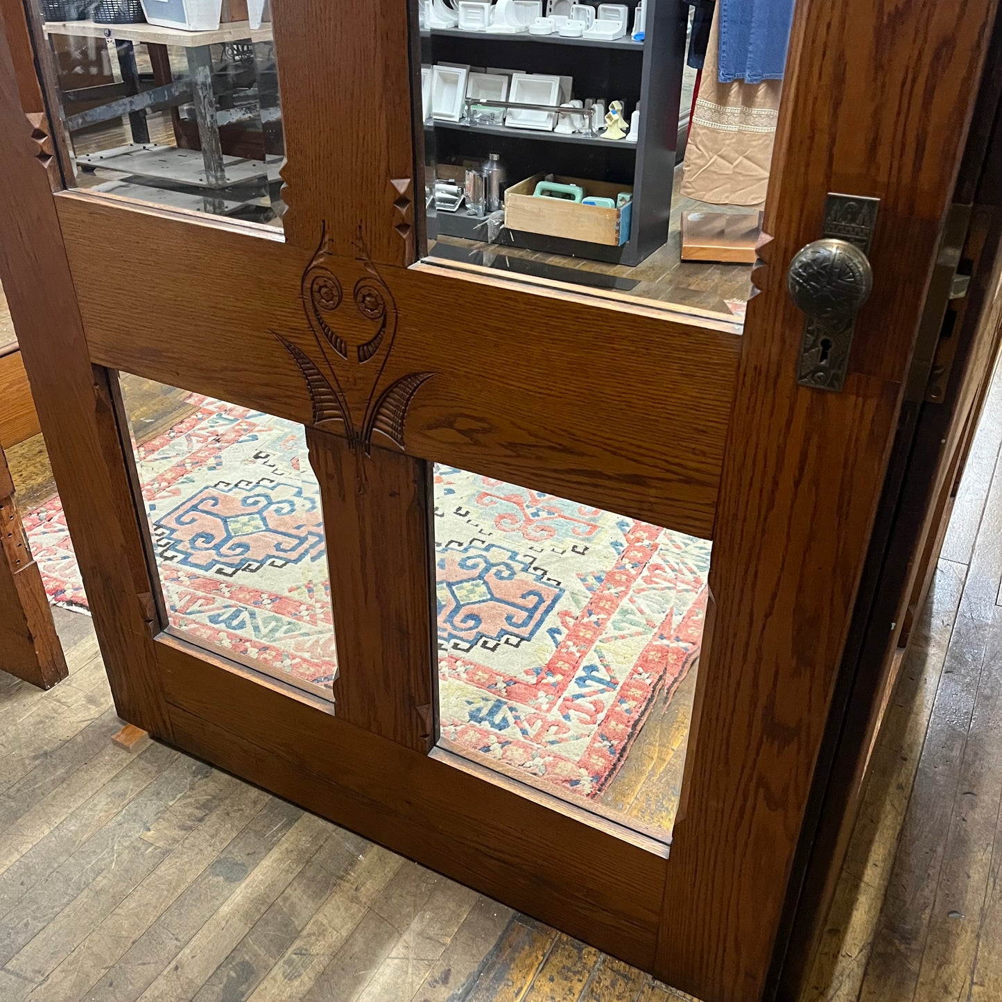 Antique (c. 1858) Victorian Oak French Doors with Thick Beveled Glass