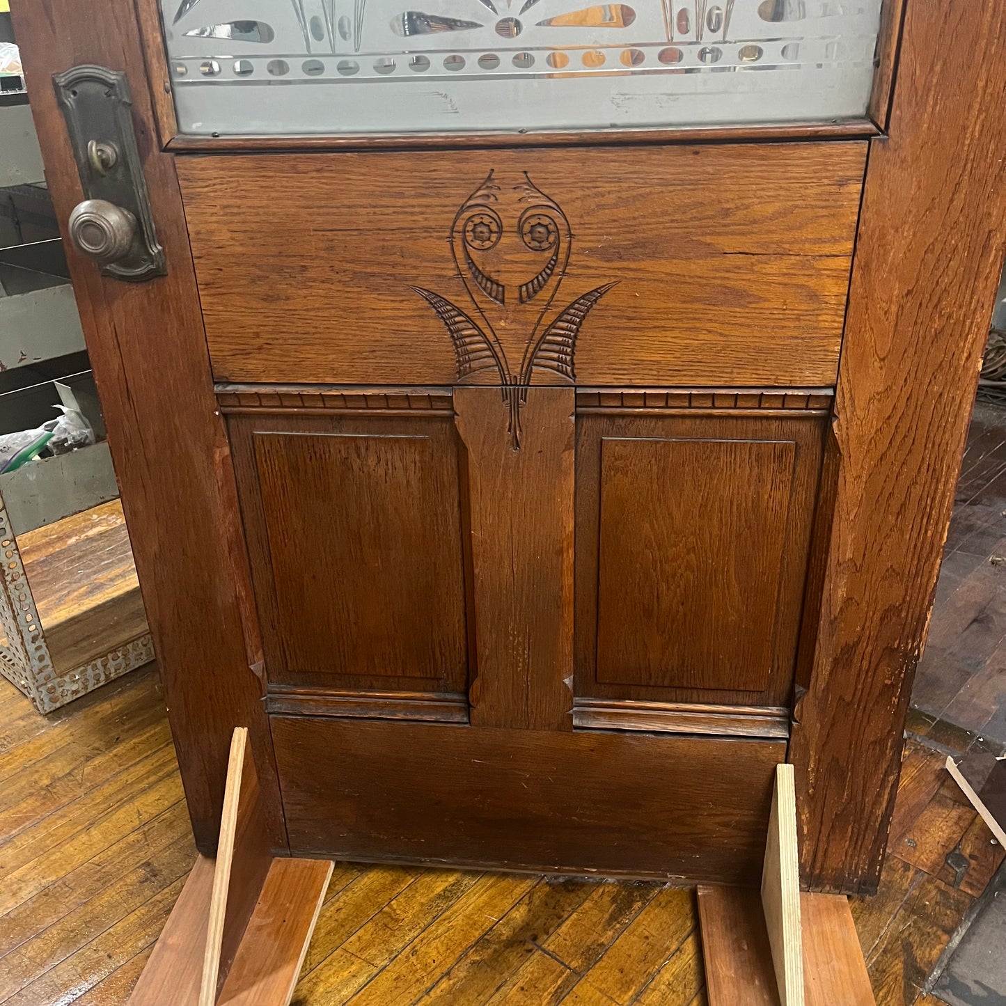 Antique (c. 1858) Victorian Oak Entry Door With Frosted Etched Glass