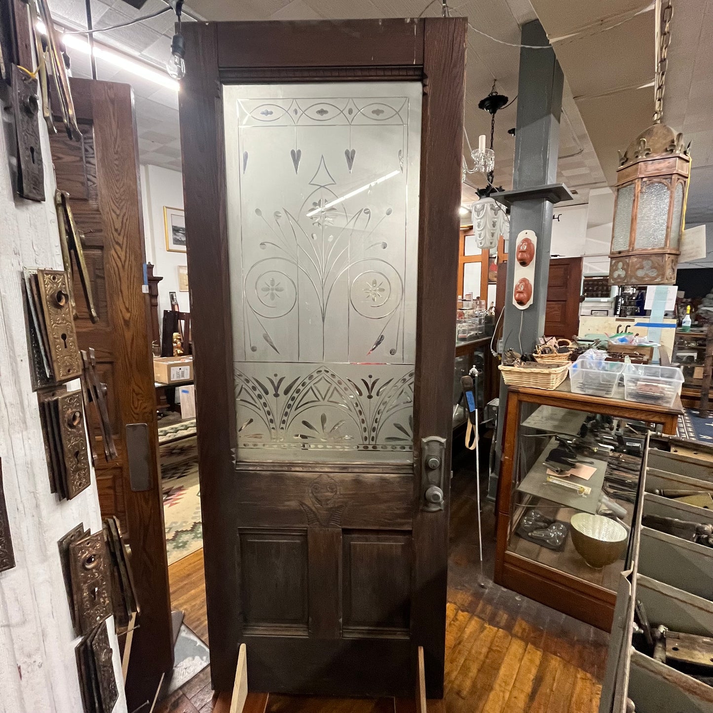 Antique (c. 1858) Victorian Oak Entry Door With Frosted Etched Glass