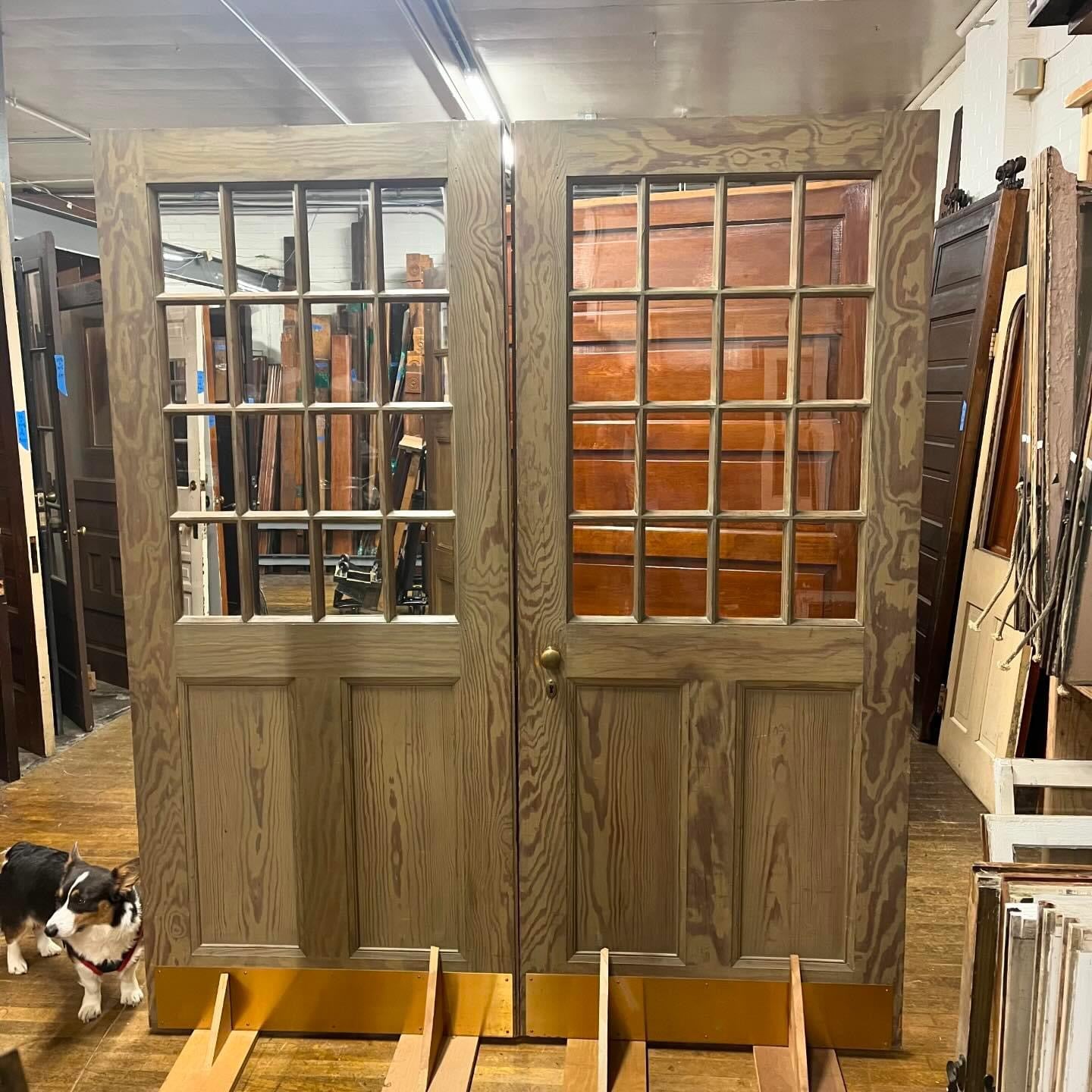 Antique Double Doors With 16 Window Glass Panes, Includes Frame