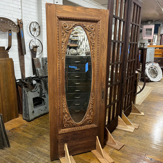 Antique Oak Door With Thick Beveled Oval Glass