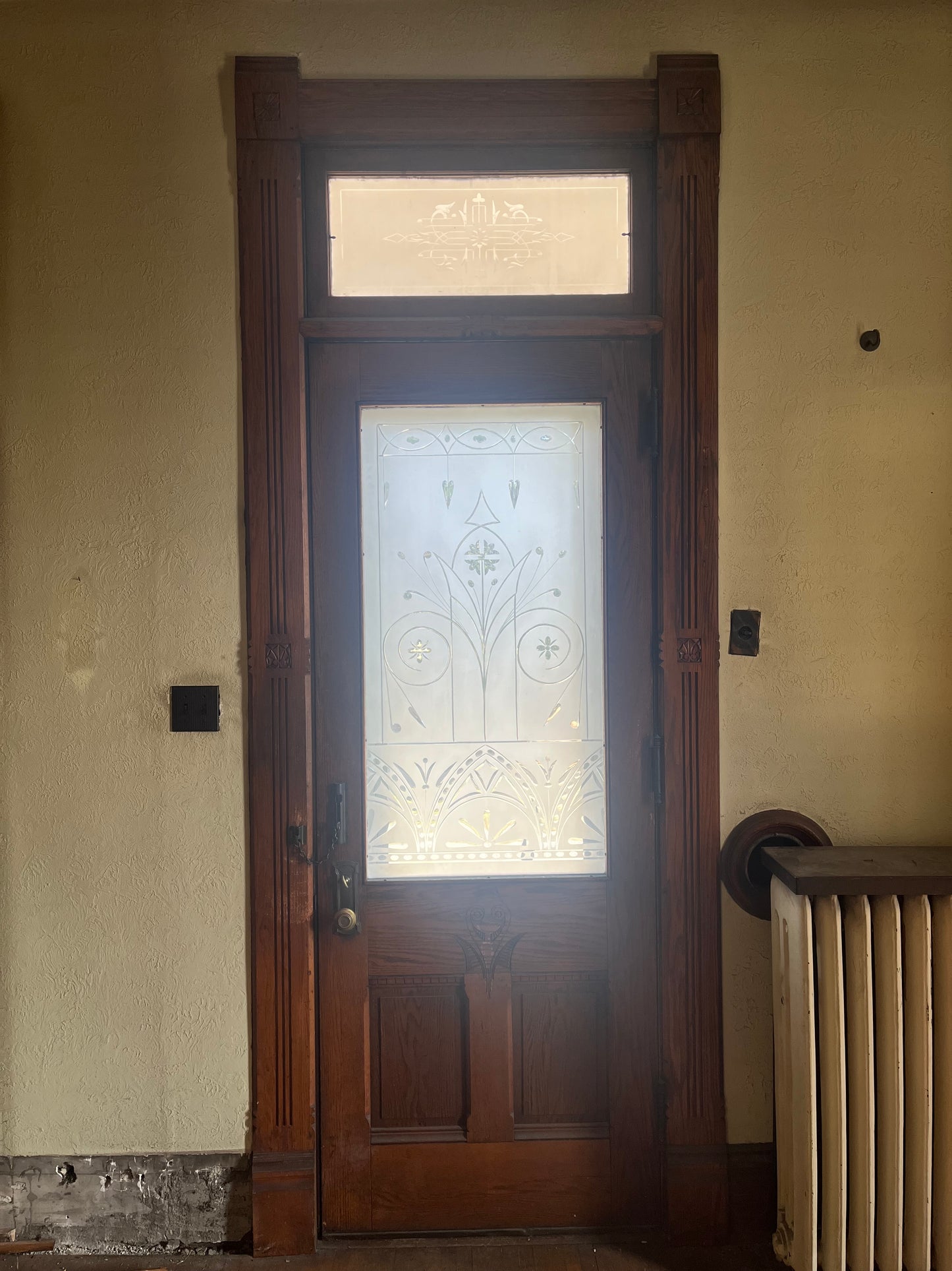 Antique (c. 1858) Victorian Oak Entry Door With Frosted Etched Glass