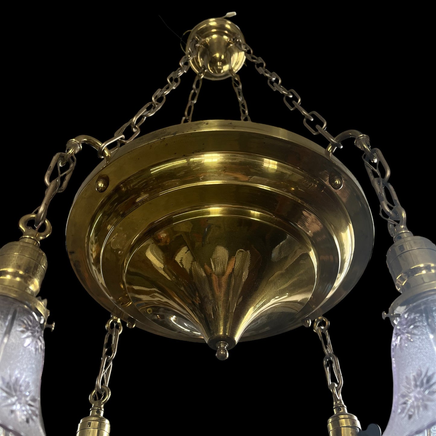Antique Brass Chandelier with Light Purple Glass Shades - Tested